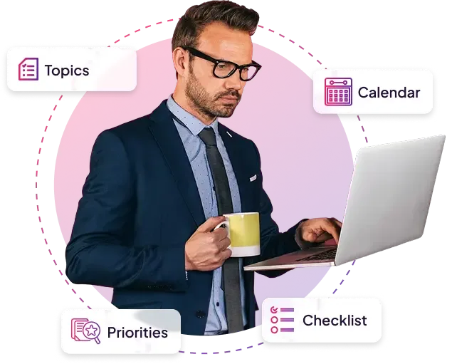 Voter reviewing election topics and priorities on a laptop, labeled with Topics, Calendar, Priorities, and Checklist